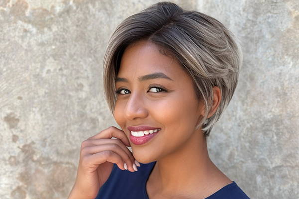 A woman in a blue shirt is smiling and touching her face