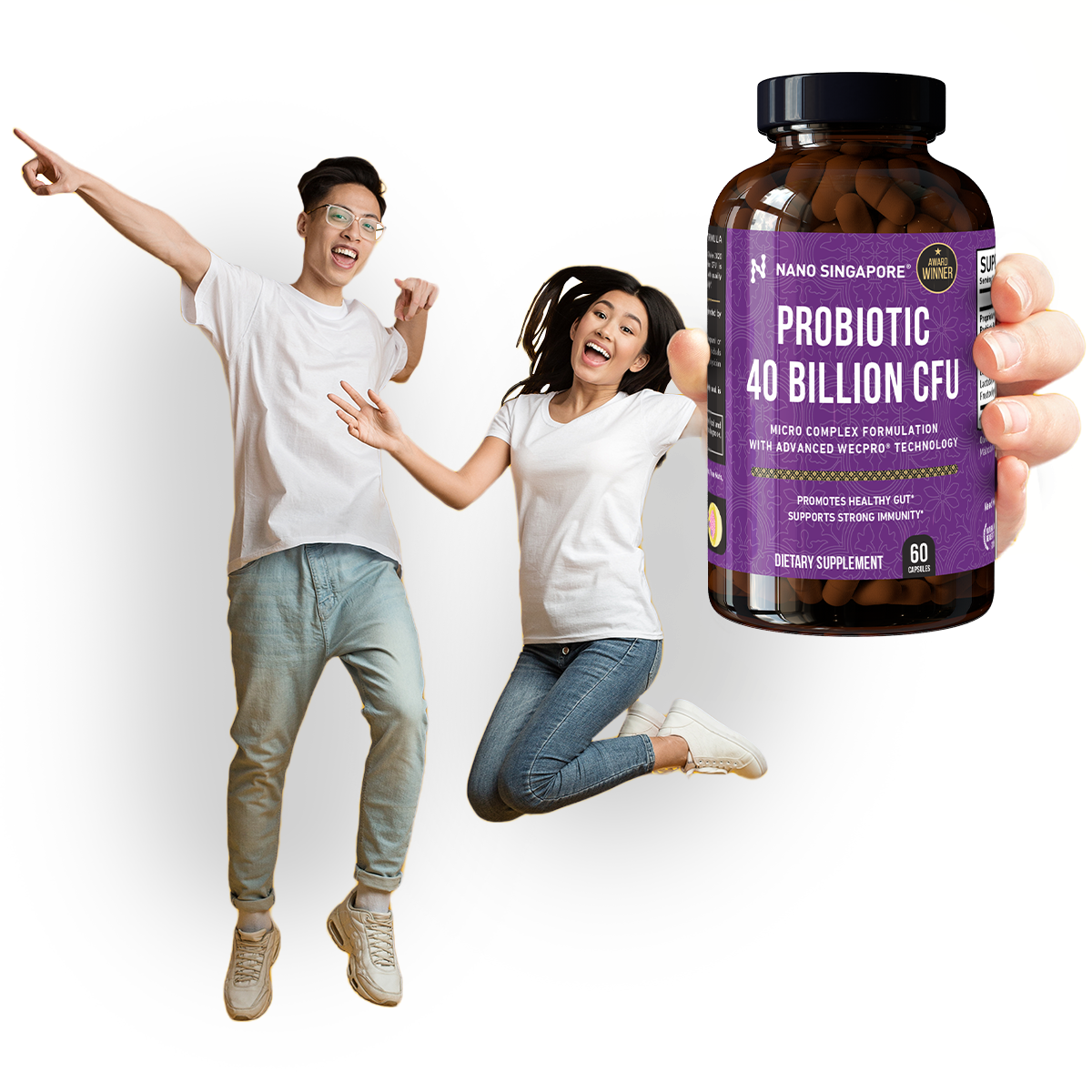 A happy couple holding a bottle of Nano Singapore's best probiotic supplement