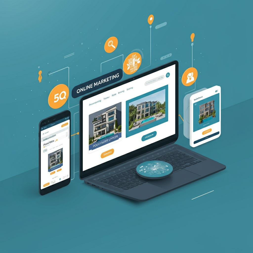 A digital marketing display showing a property listing being promoted across multiple platforms—luxury real estate websites, social media, and international property portals—reaching affluent buyers worldwide. The strategic online presence ensures maximum exposure to the right audience for these prestigious neighborhoods.