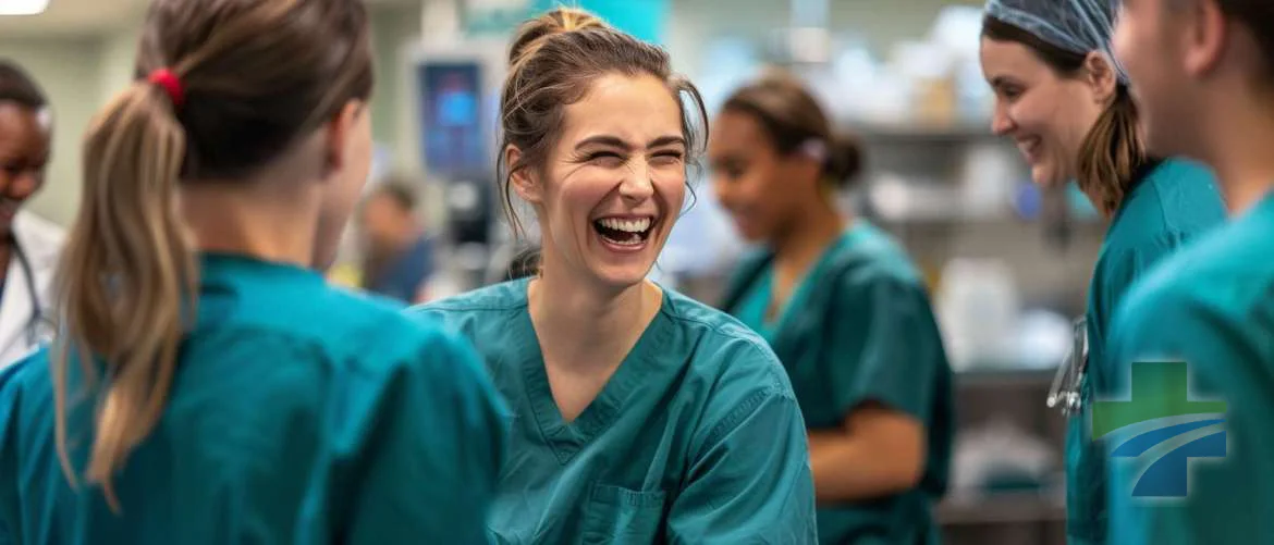 Healthcare professionals in diverse scrubs sharing a joyful moment together.