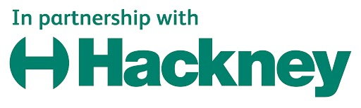 Green text reads In partnership with Hackney beside a circular H logo, all in a bold, modern font on a white background.