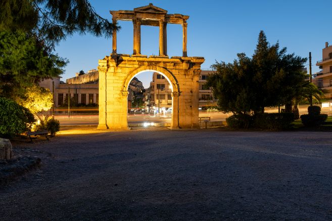 Featuring a central arch and flanking columns, Hadrian's Arch exudes elegance