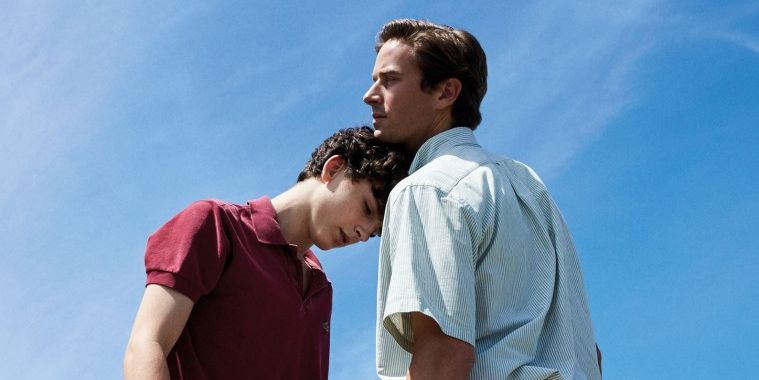Scene from the movie where Elio is leaning his head against Oliver's chest.