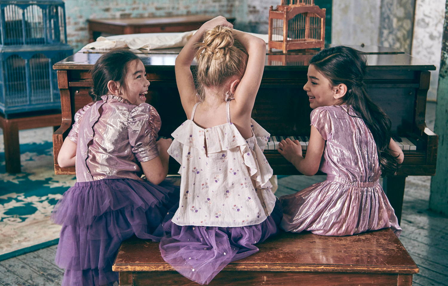 three girls wearing purple Velveteen