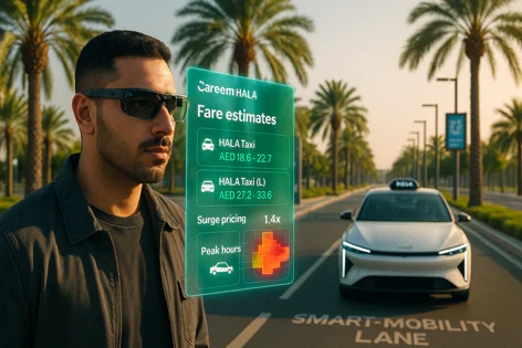 A person looks at a futuristic display showing Careem HALA taxi fare estimates, surge pricing, and peak hour heatmap over a smart mobility lane with a white taxi.