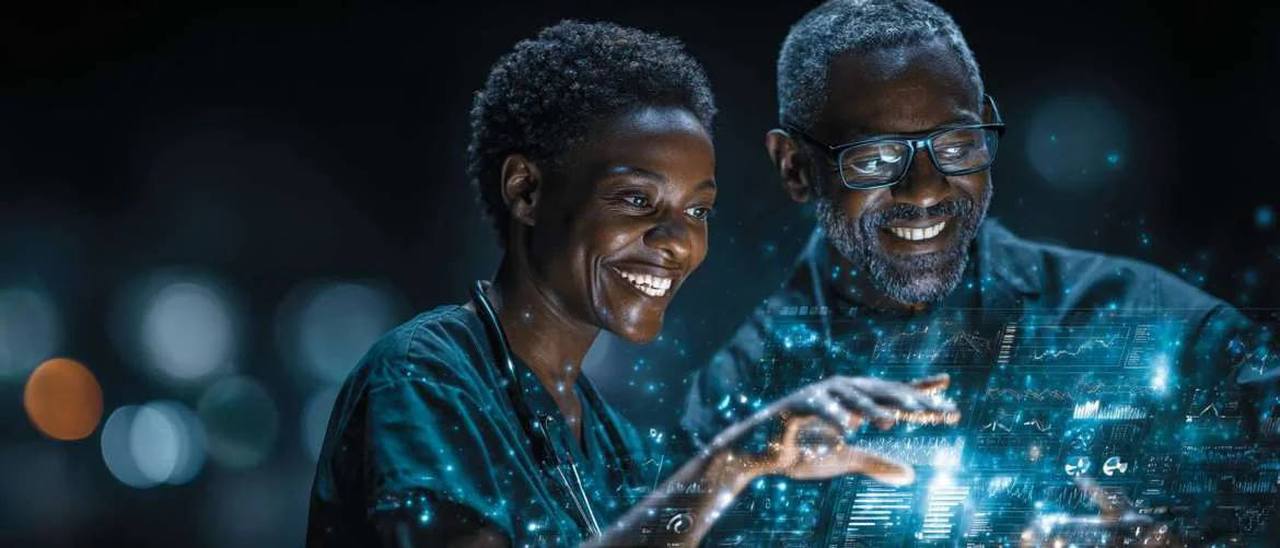 Healthcare team analyzing flexible staffing data holograms in blue-green hospital center