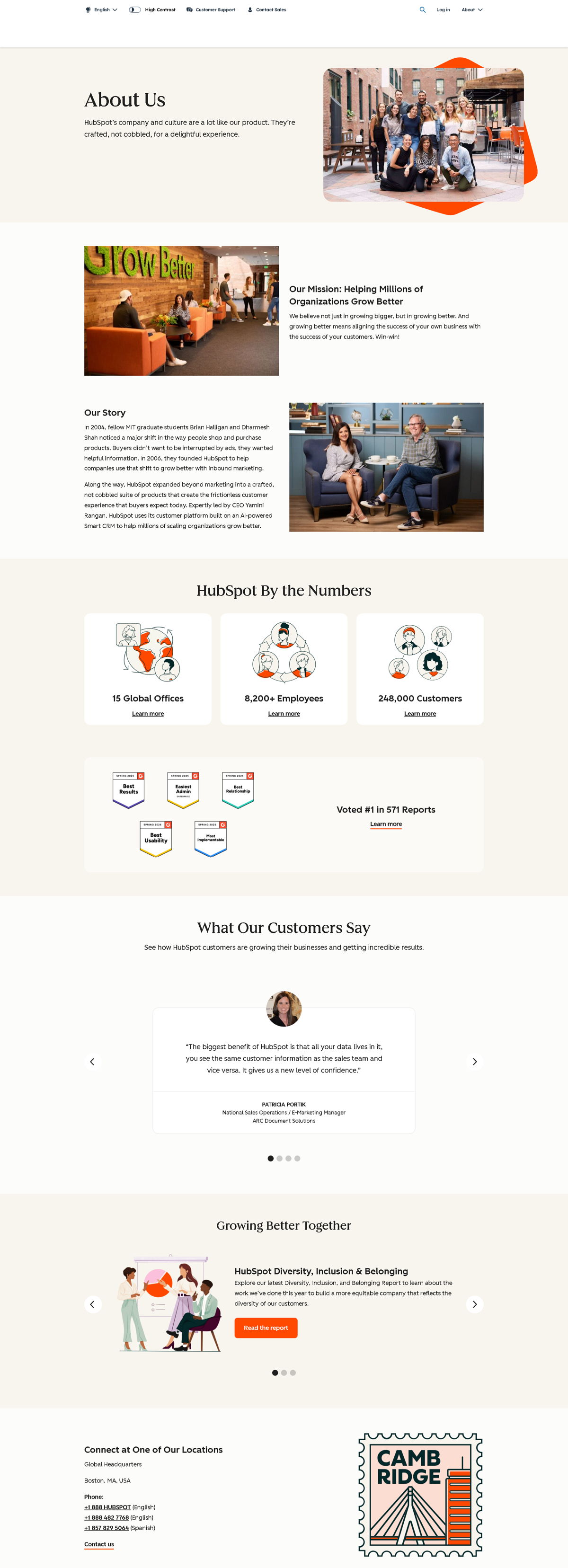 Screenshot of HubSpot, from the about us page examples collection.