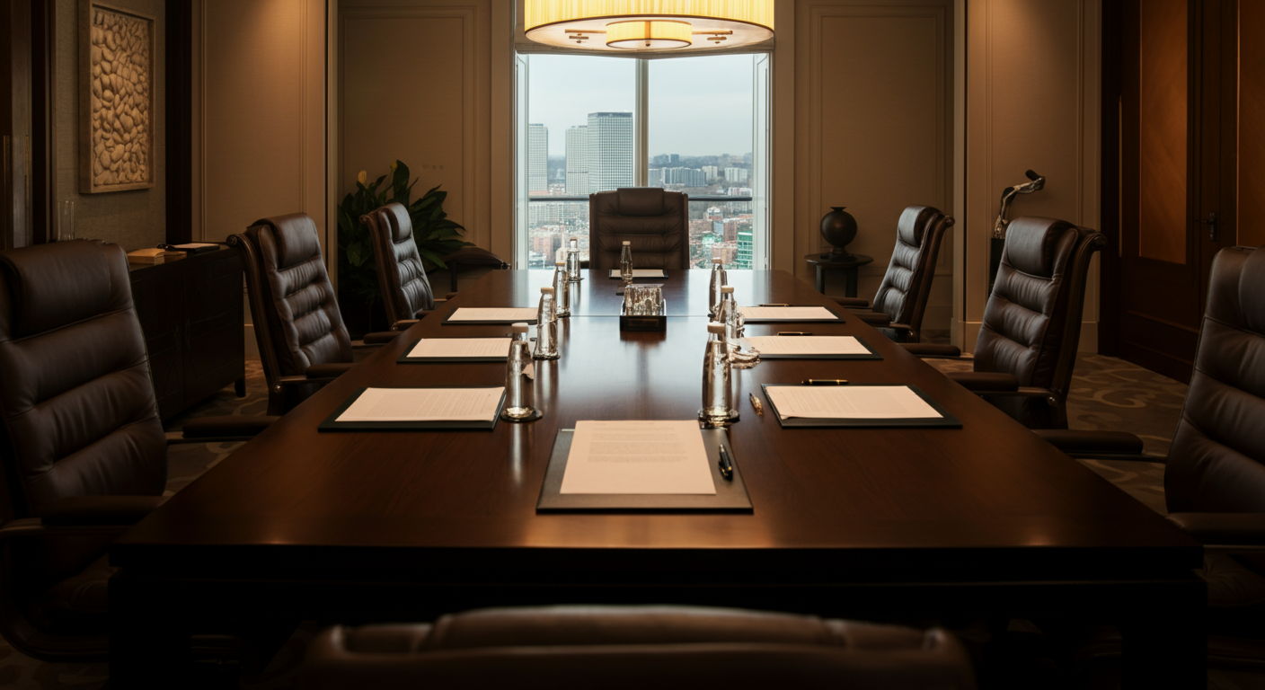 A closing meeting in a sophisticated conference room where documents are arranged for signing, with city views visible through large windows, representing the final step in the successful sale process of a luxury property.