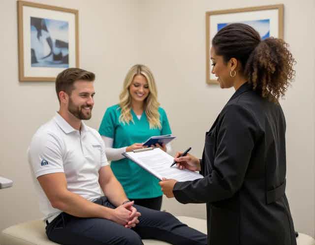 Physiotherapist consulting with a patient in a calm treatment room
