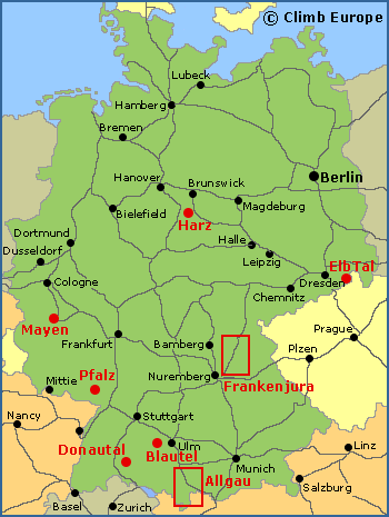 Map of the best rock climbing areas in Germany