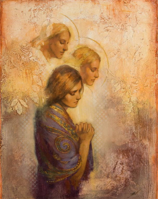 Painting of angels comforting a woman.