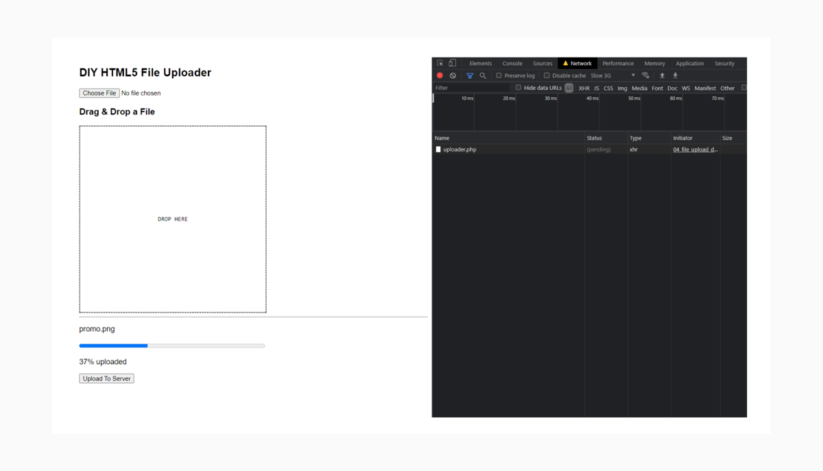 The file that I dragged into the region is being uploaded. Notice how the file name has been set, even though the "Choose File" is still empty. HTML5 Drag and Drop file uploader