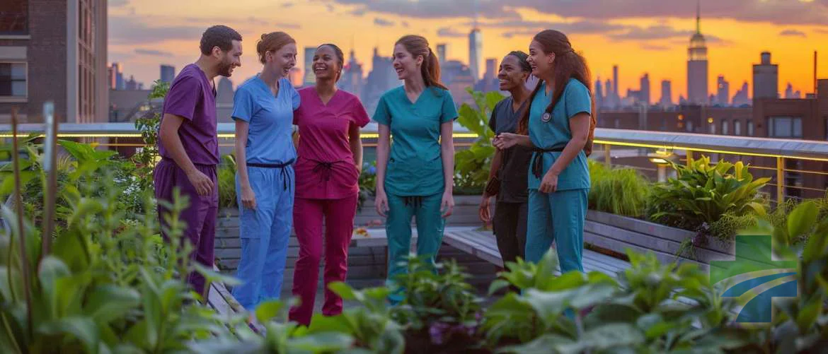 Nurses enjoying a serene moment of camaraderie in a rooftop garden at dusk.