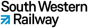 Logo of South Western Railway featuring the name in black text. A blue arrow icon is positioned to the left of Railway.