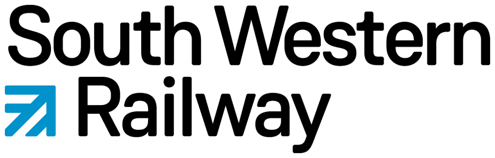 Logo of South Western Railway featuring the name in black text. A blue arrow icon is positioned to the left of Railway.