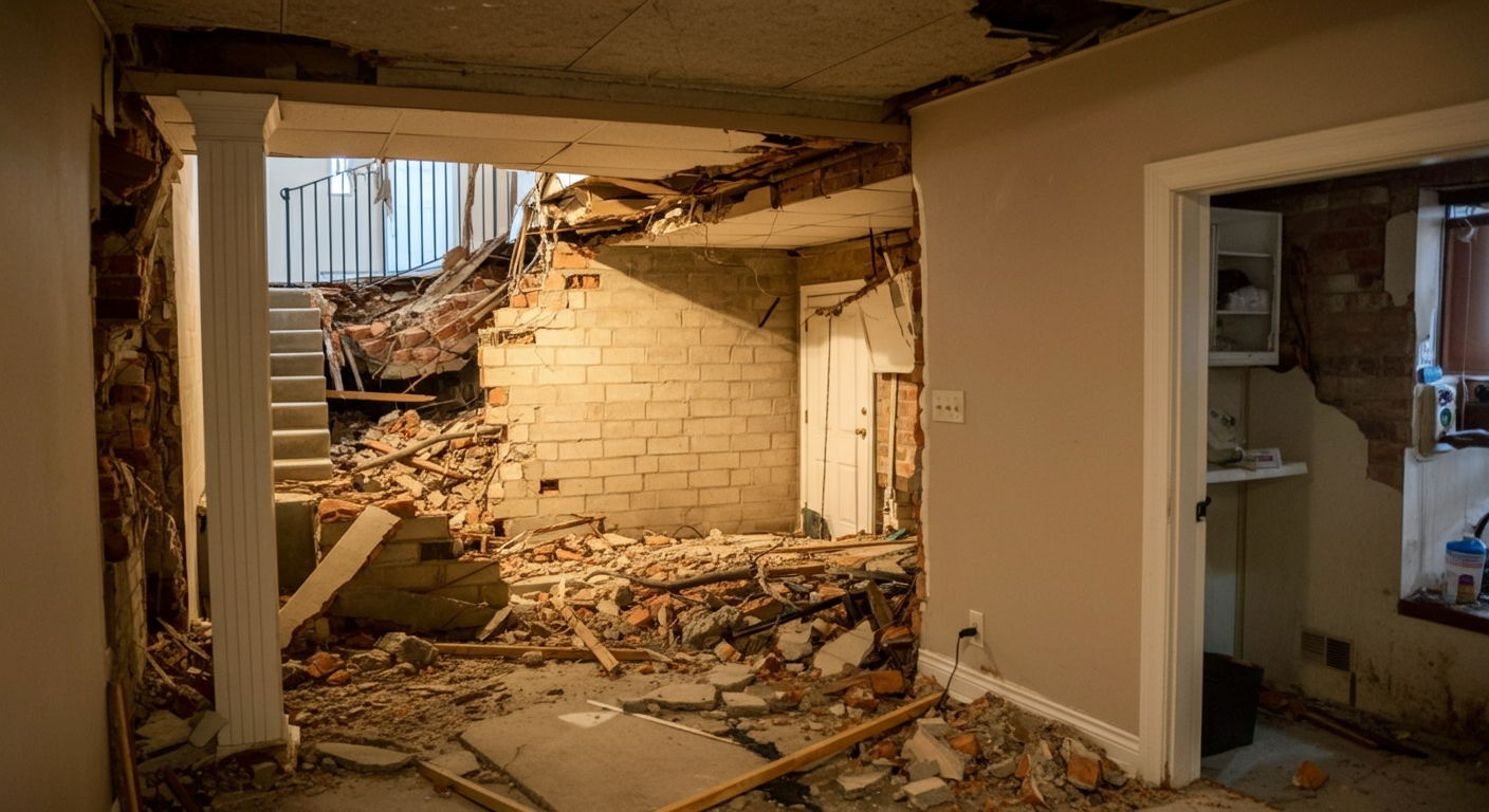 A property damage scene showing flood damage to a basement in an Illinois home, representing an unforeseen circumstance that might qualify for partial exclusion if the homeowner needs to sell before meeting the full ownership period requirement.