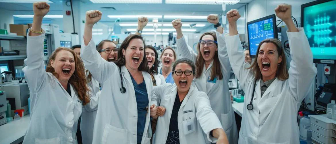 Triumphant women in science celebrate a breakthrough in pathology.
