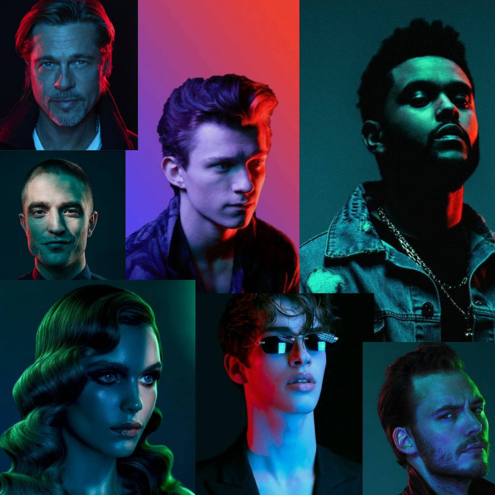 A collage of images featuring famous faces with dark, moody red, green, black, purple and blue lighting. 
