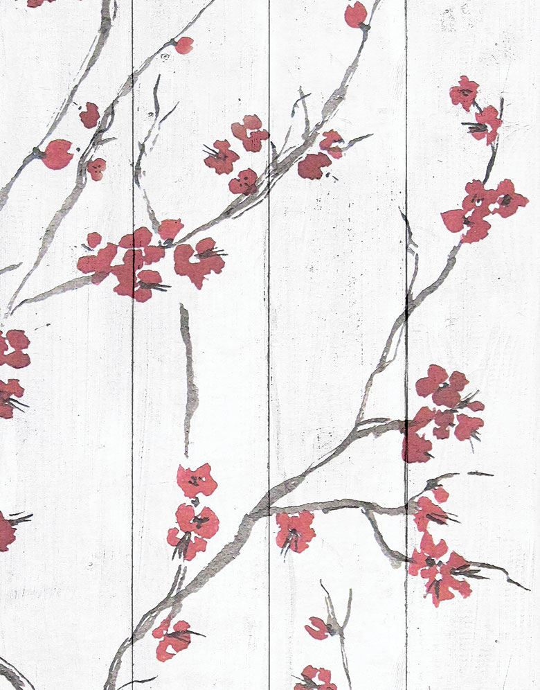 Red & White Shabby Chic Cherry Blossom Wallpaper pattern image