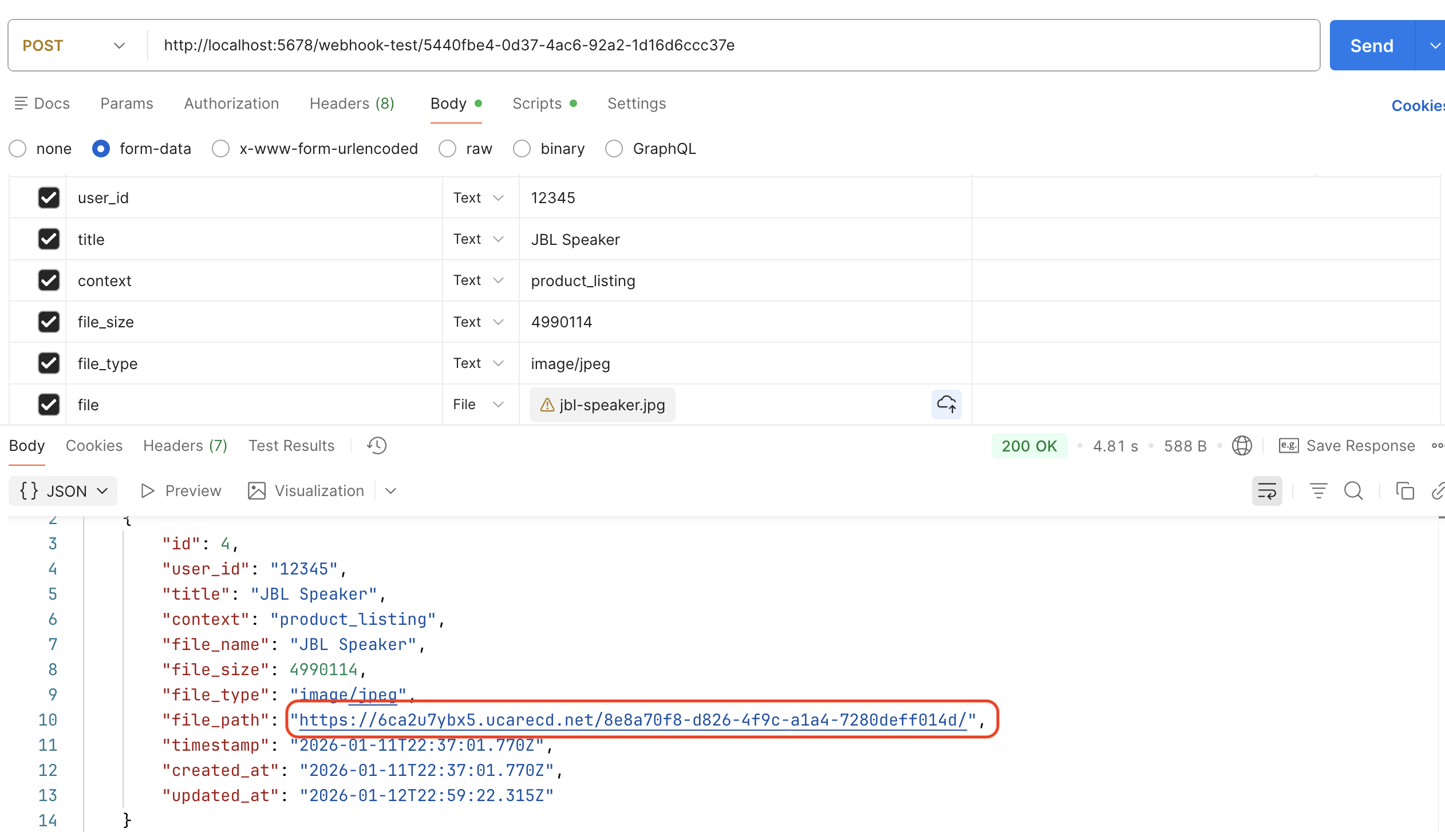 n8n Webhook Response node output showing JSON response with Uploadcare CDN URL