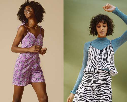 Woman wearing pink patterned playsuit and woman wearing zebra print cami top from sustainable womenswear brand Mayamiko