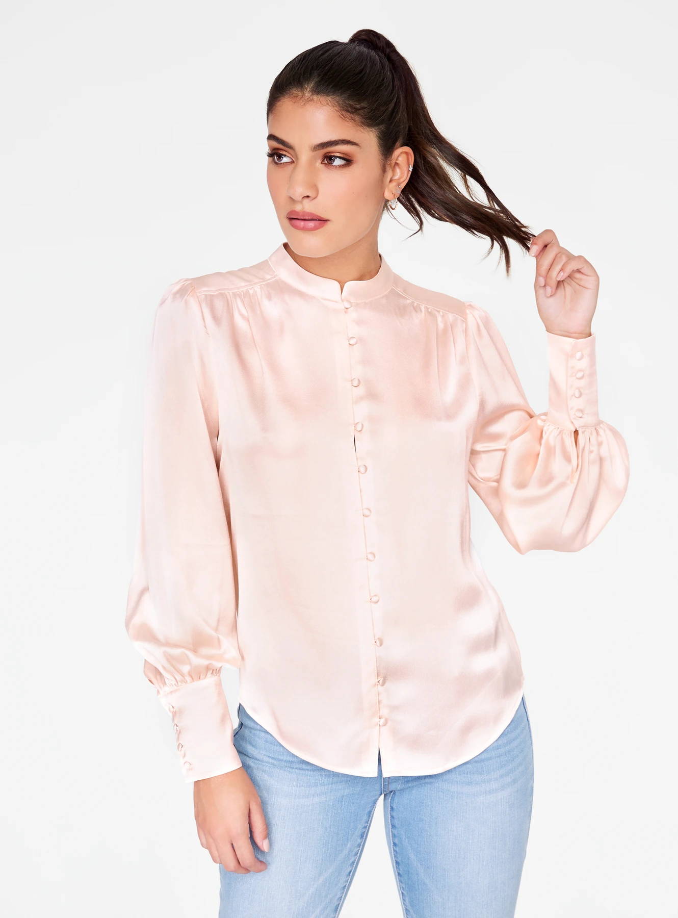 Mandarin Collar Button Up Top in Ivory 