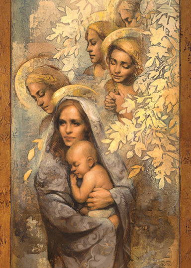 A young mother carrying her infant. Angels surround her lovingly. 