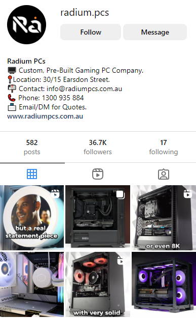 Radium PCs instagram account is packed with PC build videos