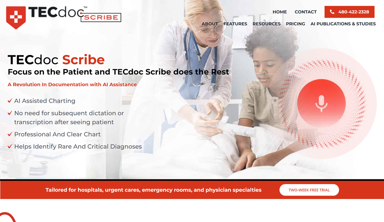 Screenshot of TecDoc's website landing page, an AI scribe