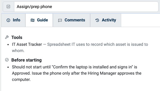 Guide tab of a Task showing Tools and Before starting