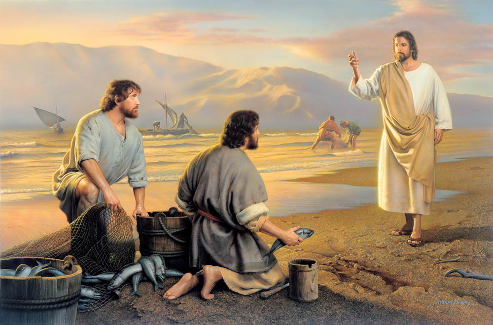 Jesus walking on the shore calling to two fishermen. 