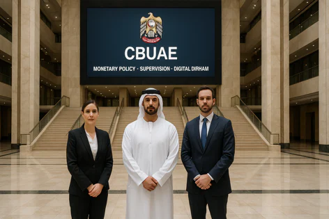 Three people stand in a lobby before a large screen displaying CBUAE and text mentioning Monetary Policy, Supervision, and Digital Dirham.