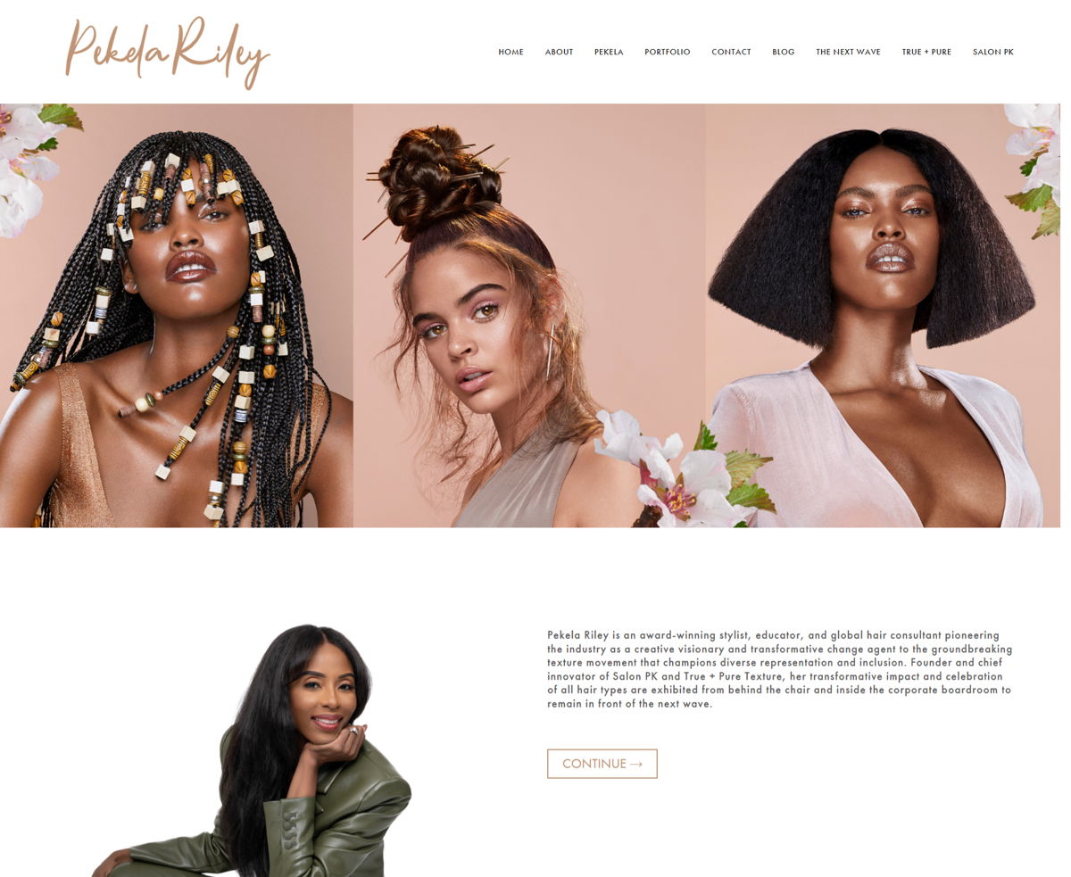 Screenshot of Pekela Riley, from the stylist portfolios collection.