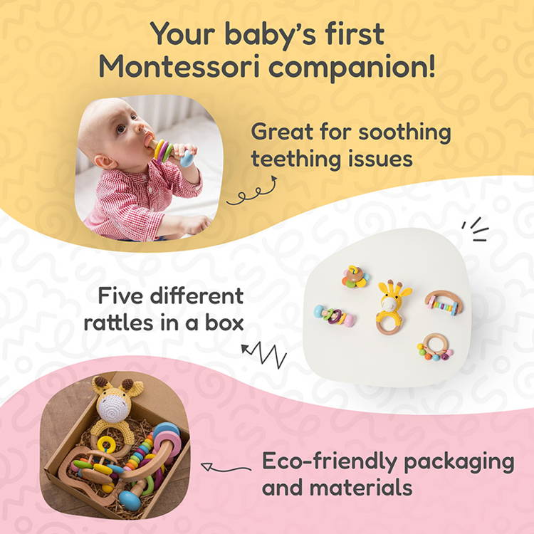 Semi-circle wooden rattle toy from the Montessori Rattle Kit.