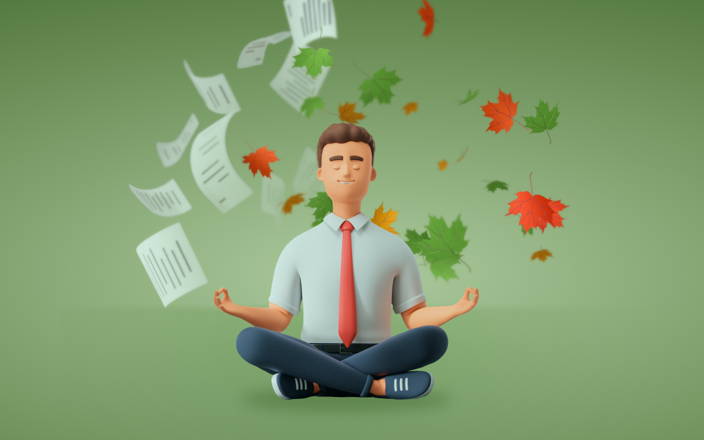 A business man in lotus position with papers and leaves flying behind him for Confetti's Virtual Meditation Classes