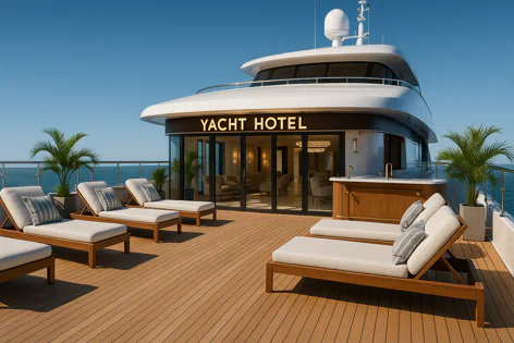 Luxury yacht hotel deck with lounge chairs, palm trees, ocean view, and illuminated 'YACHT HOTEL' sign above the entrance.
