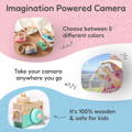 Infographic showcasing five color variants and benefits of the Montessori Wooden Camera.