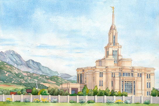 Painting of the Payson Temple and grounds on a clear day.