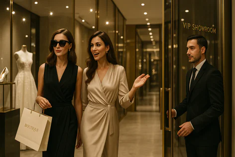 Two women, one in a black dress holding a shopping bag, the other in beige gesturing, enter a luxurious VIP showroom as a man in a suit holds the door.