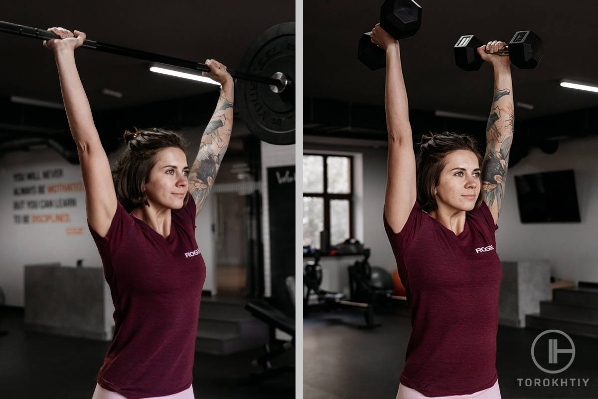 Athlete in Gym Training with Dumbbell and Barbell