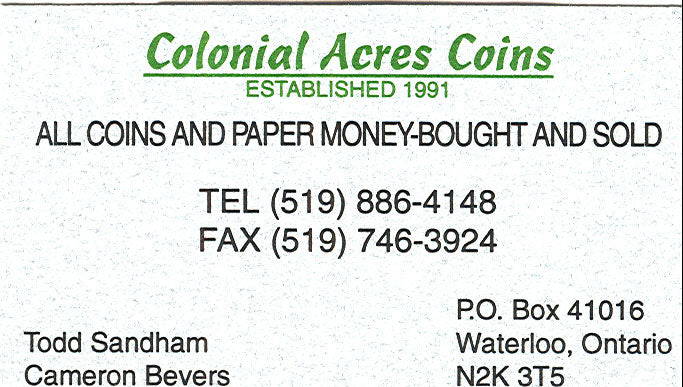 Vintage Colonial Acres Coins business card from 1991