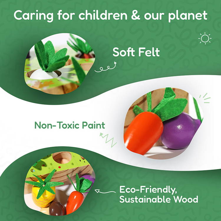 Infographic showcasing benefits of the Montessori Vegetable Set for children.
