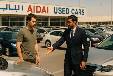 A car salesman in a suit gestures towards a vehicle while talking to a customer in a t-shirt at a used car lot.