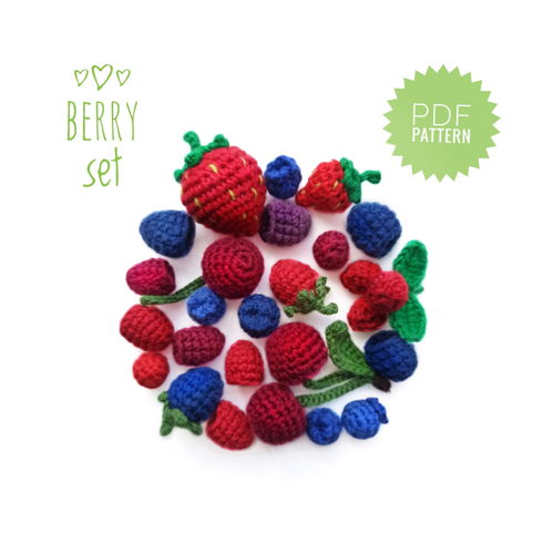 BERRIES crochet pattern 6 in 1: cherry, strawberry, raspberry, blackberry, cranberry, blueberry. Amigurumi Food Cute Crochet Play