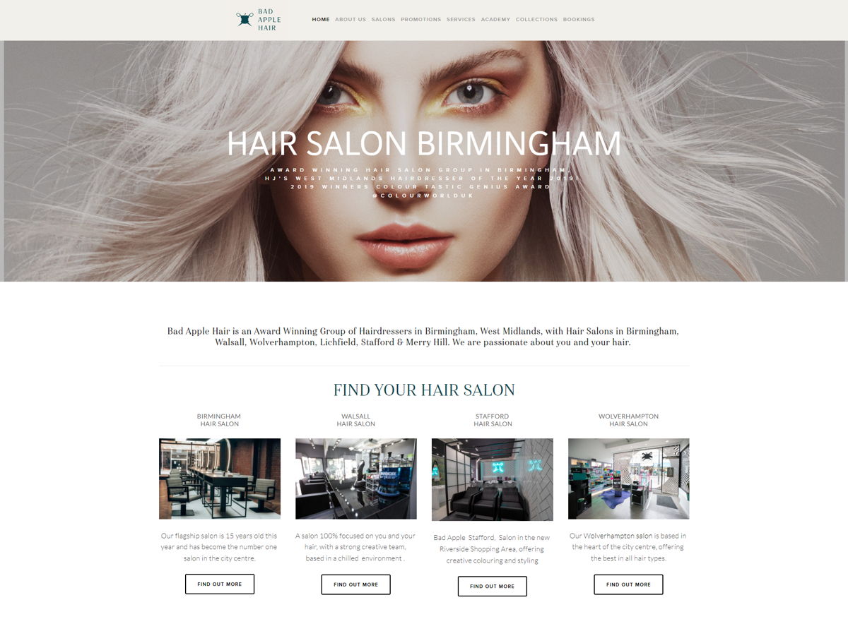 Screenshot of Bad Apple Hair, from the barber & barbershop websites collection.