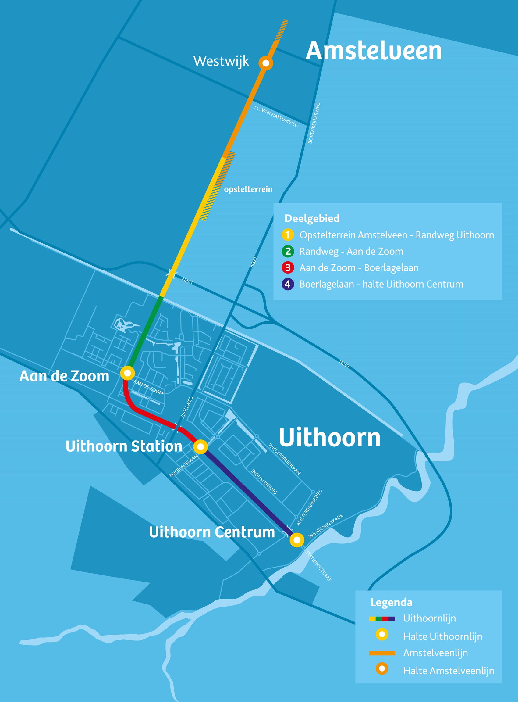 Het tracé van de Uithoornlijn, vanaf Amstelveen Westwijk tot Uithoorn Centrum.