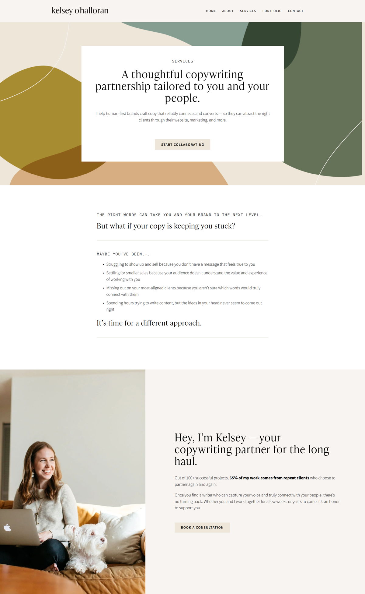 Screenshot of Kelsey O'Halloran, from the service page design examples collection.