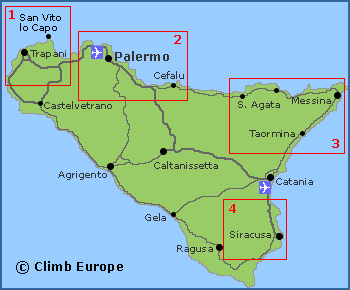 Map of the main rock climbing areas of Sicily