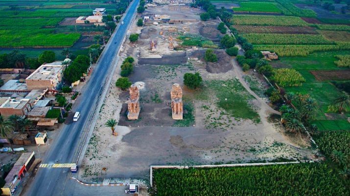 Aerial view of the Colossi of Memnon