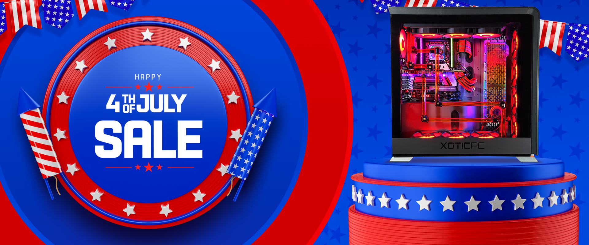 Vibrant 4th of July Day Sale banner featuring the GX77 with striking red Hyperflow cooling showcased on a podium, complemented by a captivating fireworks display in the background.